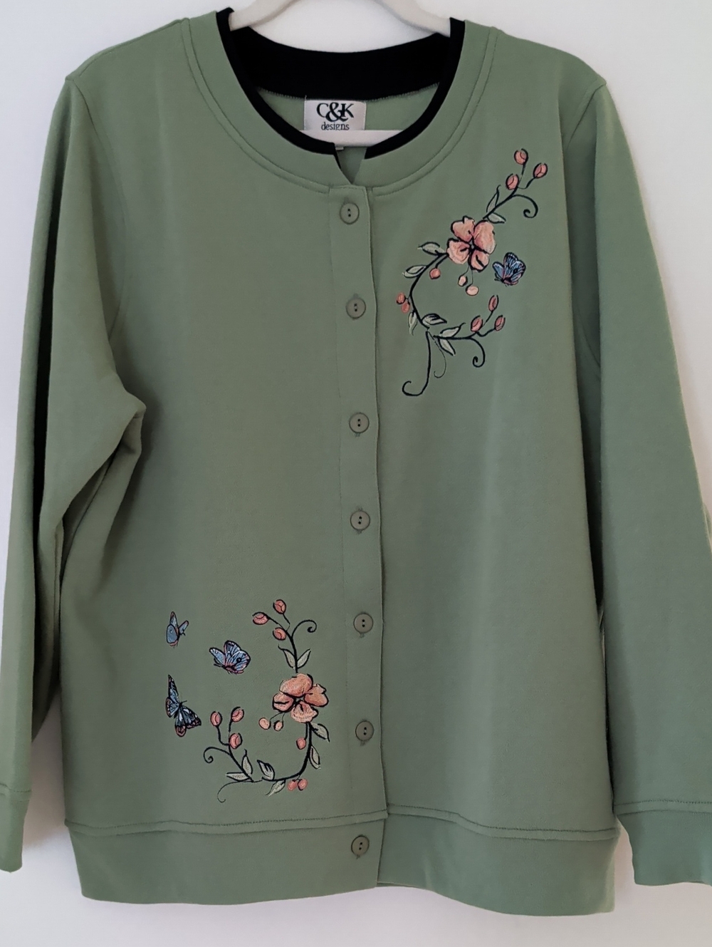 C & K Designs L Sage Green Embroidered Floral Butterfly Sweatshirt Cardigan